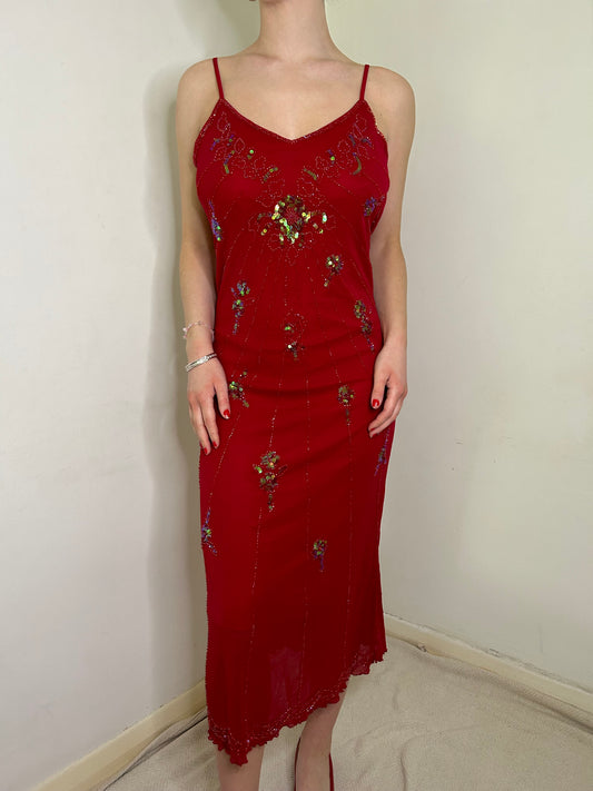 MEDIUM Red Beaded Asymmetrical Long Dress